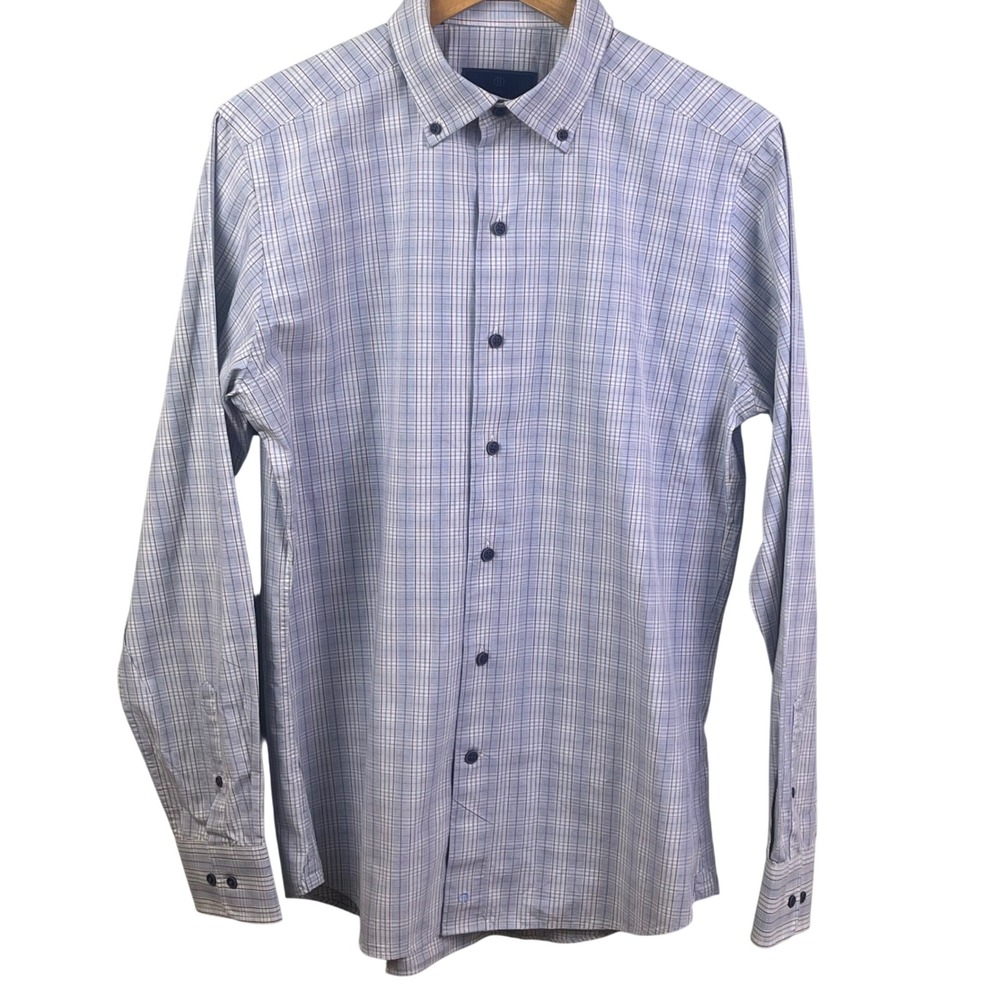 David Donahue Fusion Blue Burgundy‎ Plaid Long Sleeve Dress Shirt 15.5 x 35